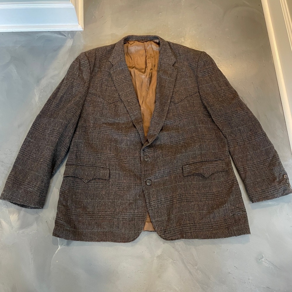 VTG Circle S Mens Western Blazer Brown Herringbone Tweed Elbow Patches 52L USA